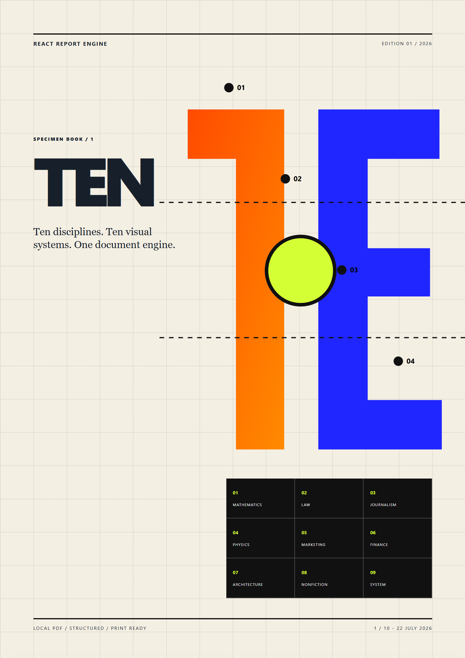 Titelseite des Satzstrom Specimen Book mit typografischem Raster