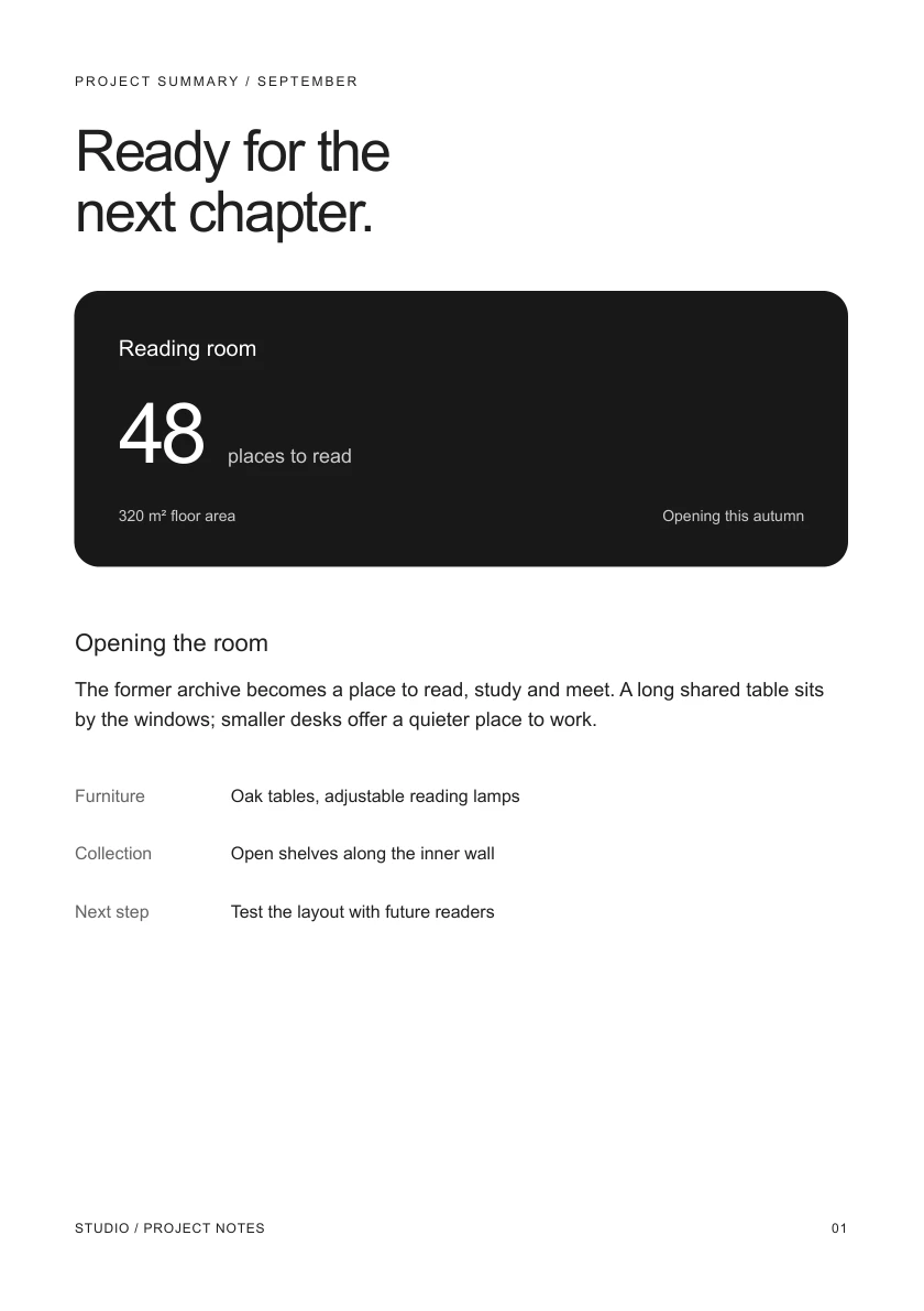 Gerendertes PDF mit einer shadcn/ui-Card für eine Projektübersicht